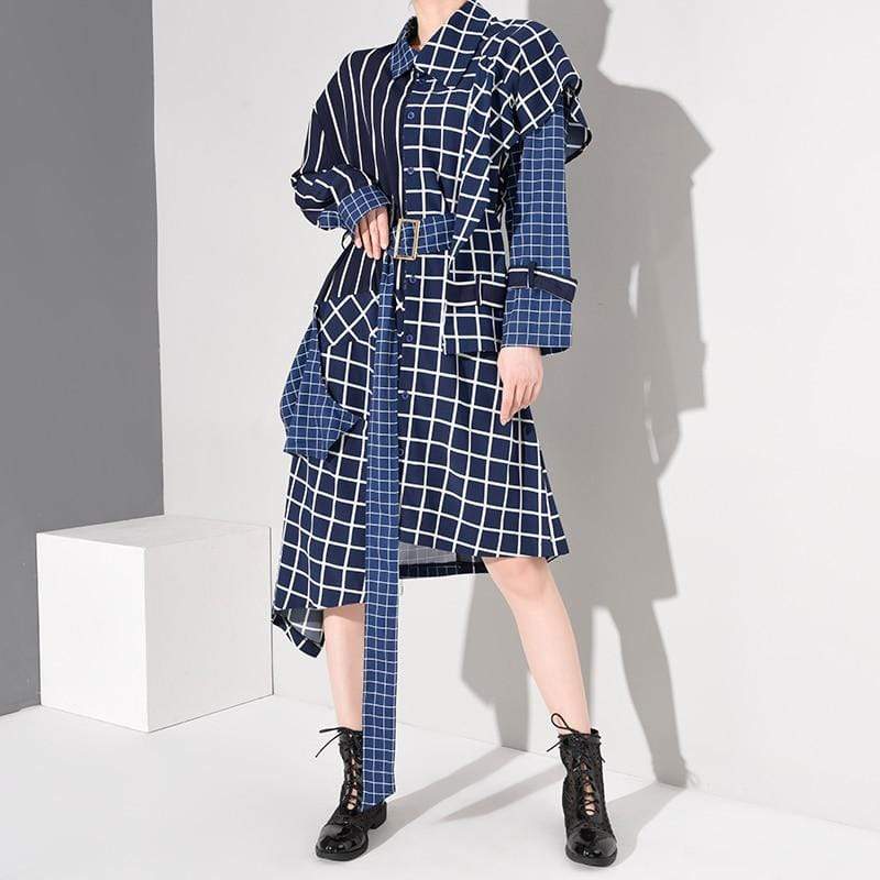 White & Blue Plaid Asymmetrical Shirt Dress | Millennials