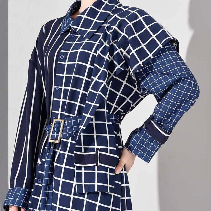 White & Blue Plaid Asymmetrical Shirt Dress | Millennials