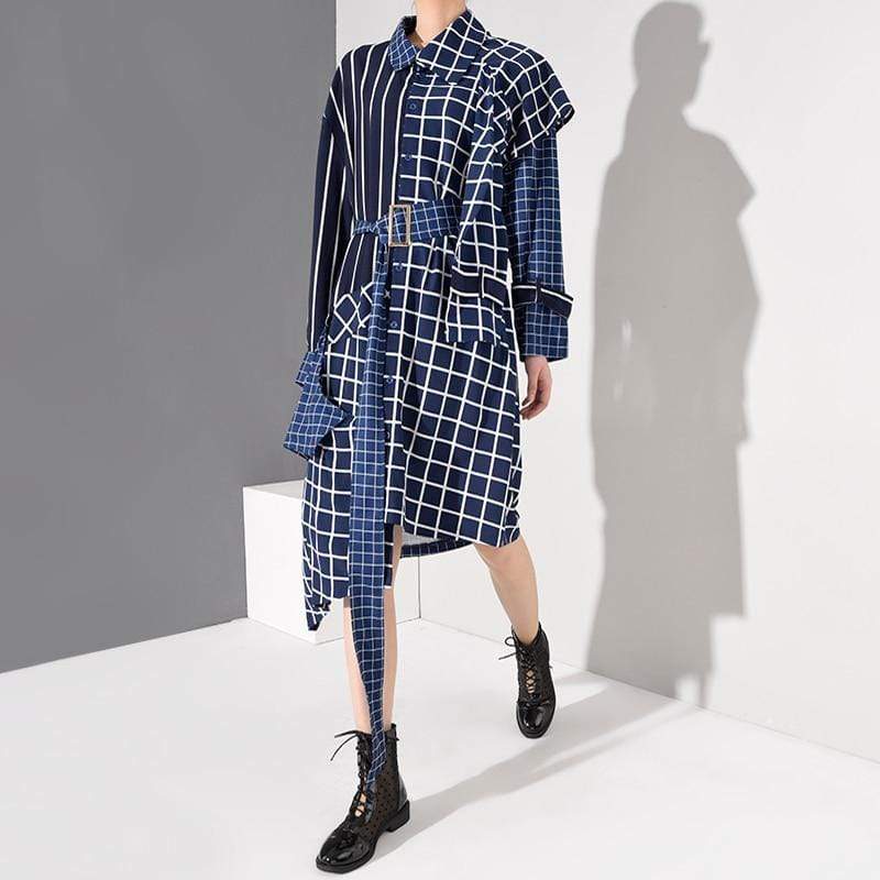 White & Blue Plaid Asymmetrical Shirt Dress | Millennials