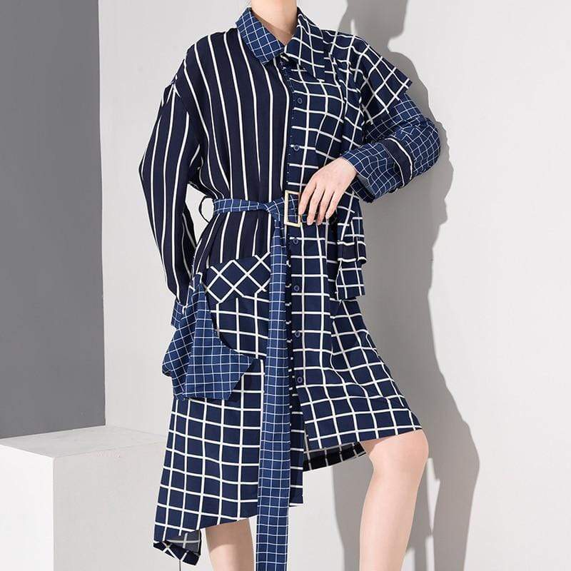 White & Blue Plaid Asymmetrical Shirt Dress | Millennials