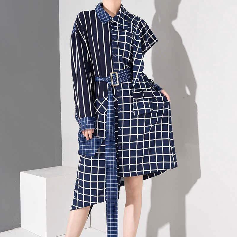 White & Blue Plaid Asymmetrical Shirt Dress | Millennials