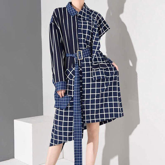 White & Blue Plaid Asymmetrical Shirt Dress | Millennials