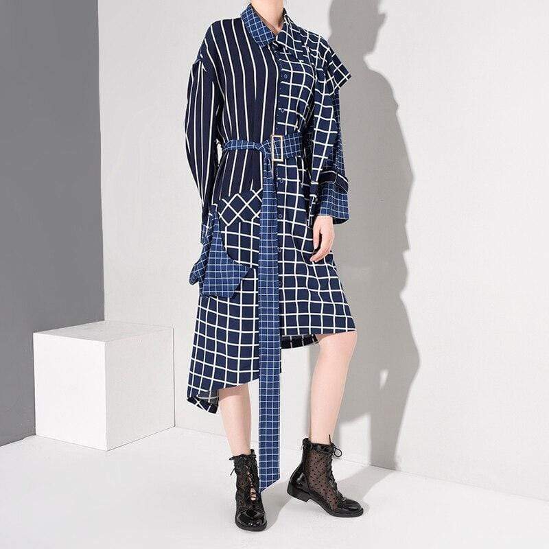 White & Blue Plaid Asymmetrical Shirt Dress | Millennials